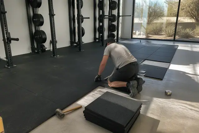 Technician installing rubber floor tiles in a gym in Scottsdale, AZ.