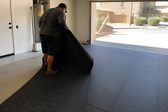 A worker installing recycled rubber flooring in a garage in Surprise, AZ.