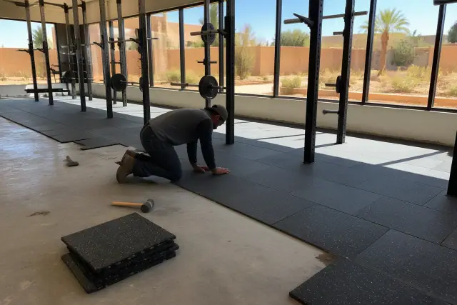 Technician installing heavy-duty rubber floor tiles over a concrete slab at a gym in Chandler, AZ.