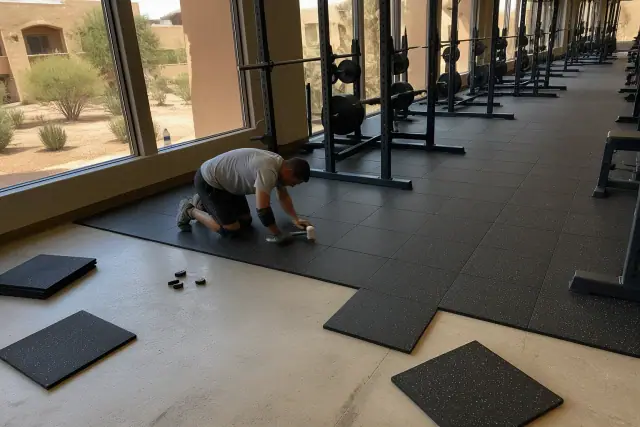 Technician installing heavy-duty rubber floor tiles in a fitness center in Mesa, AZ.