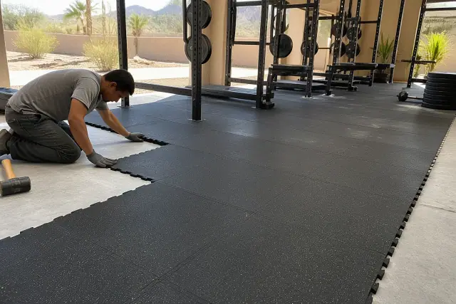Technician installing interlocking rubber floor tiles in a gym in Gilbert, AZ.