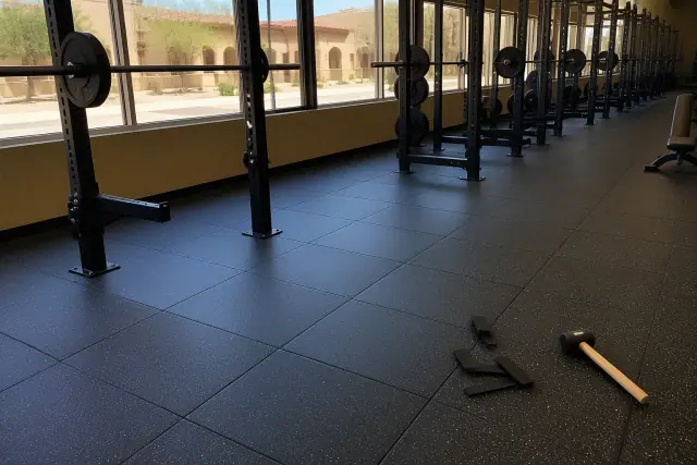 Rubber floor tiles installed in a Tempe, AZ commercial fitness center with squat racks and precise seam work.