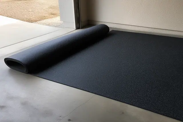A worker unrolling black rubber flooring over a concrete garage floor in Phoenix, AZ.