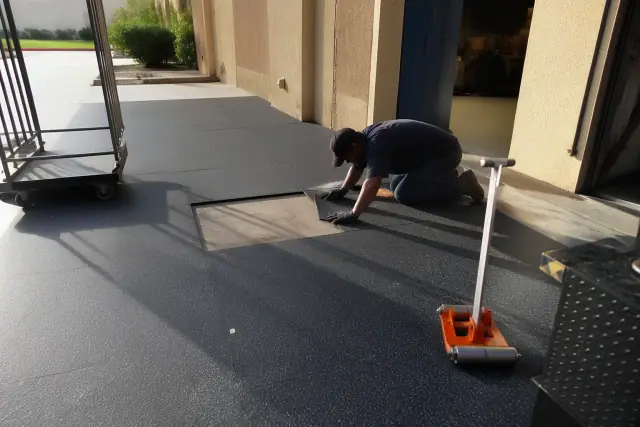 Contractor repairing industrial rubber flooring at a warehouse loading dock in Chandler, AZ.