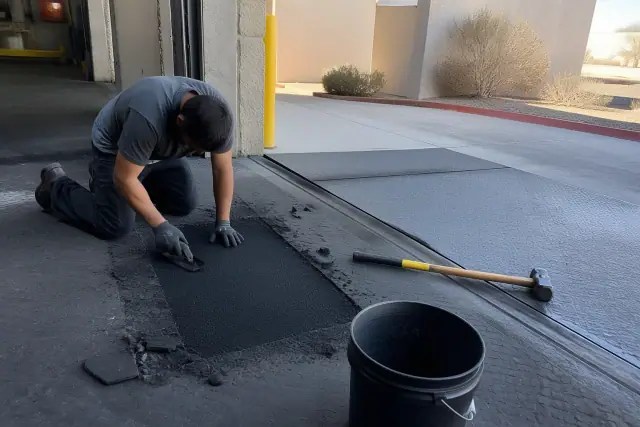 Technician repairing industrial rubber flooring near a loading dock in Tempe, AZ.