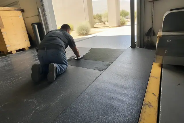 Contractor repairing damaged industrial rubber flooring near a warehouse loading dock in Peoria, AZ.