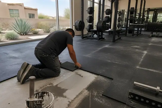 Technician installing rubber floor tiles in a gym weight room in Gilbert, AZ.