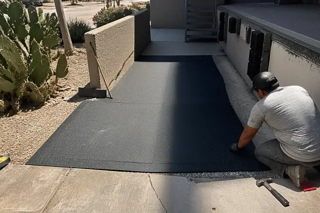 Contractor repairing damaged industrial rubber flooring near a loading dock in Surprise, AZ.