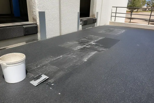 Technician repairing damaged industrial rubber flooring at a warehouse loading dock in Glendale, AZ.