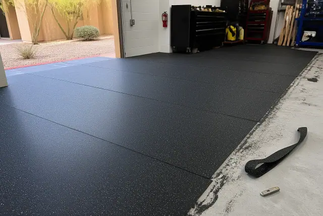 Newly installed black rubber flooring in a commercial garage workshop in Phoenix, AZ.