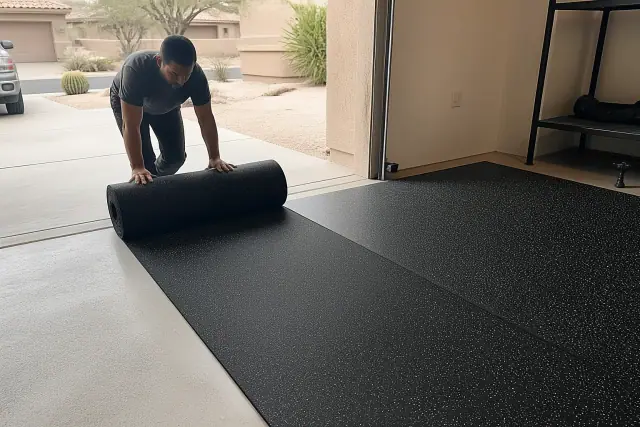 A worker unrolling rubber floor mats on a concrete garage floor at a jobsite in Phoenix, AZ.