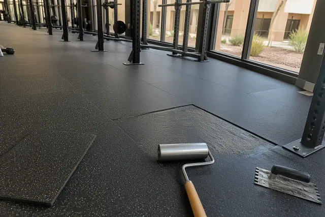 Technician repairing rubber gym flooring with aligned tiles at a fitness center in Phoenix, AZ.