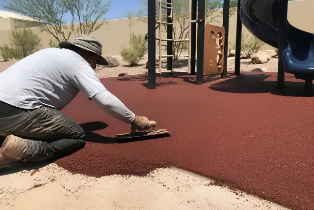 Technician installing rubber mulch playground surfacing in Phoenix, AZ.