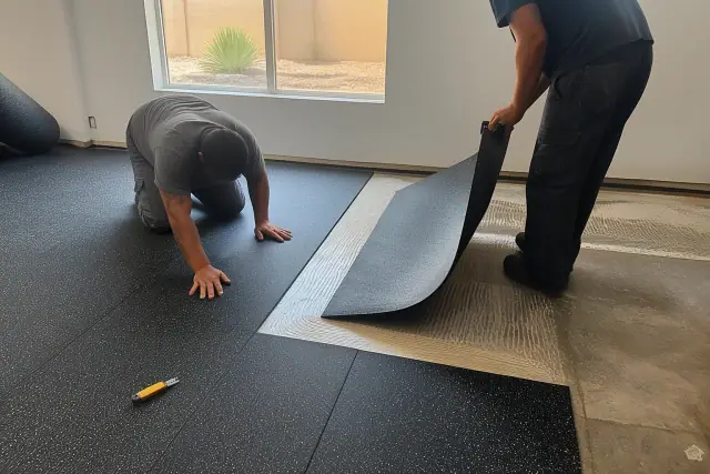 Crew members installing rubber roll flooring on a concrete basement floor in Phoenix, AZ.