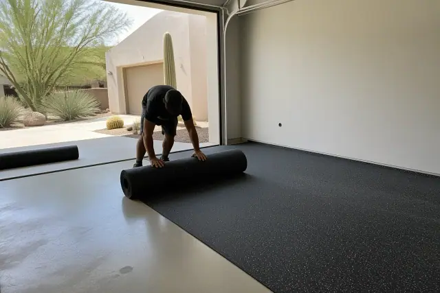 A worker installing rubber garage flooring rolls on a concrete floor in Phoenix, AZ.