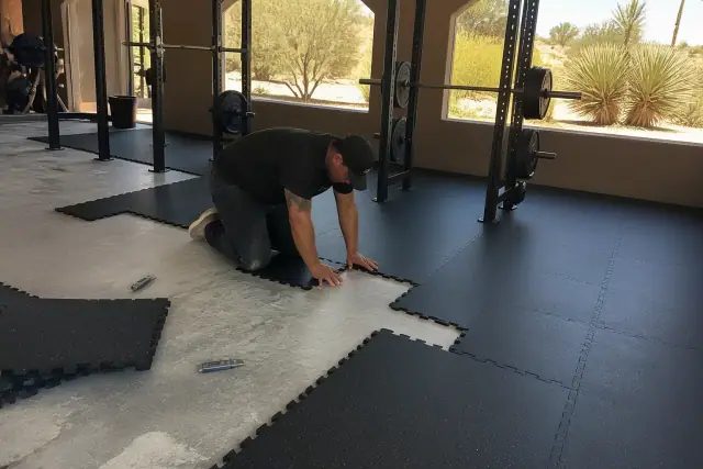Technician installing interlocking black rubber floor tiles onto a concrete slab in a gym in Phoenix, AZ.