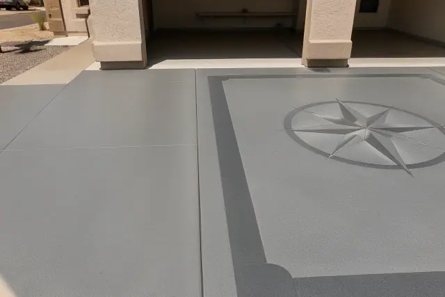 Concrete flooring with a geometric compass inlay next to solid gray panels in a Phoenix, AZ garage.