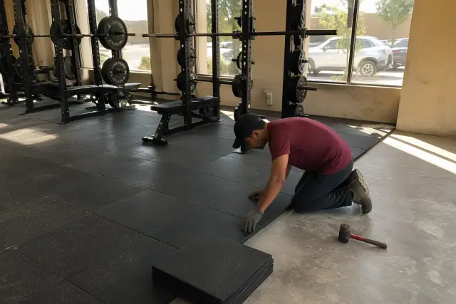 Technician installing heavy-duty rubber floor tiles in a Phoenix, AZ fitness center weight zone.