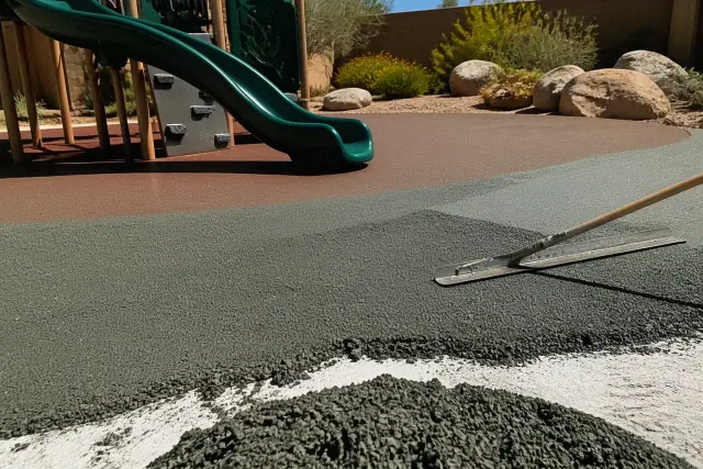 Technician troweling rubber granules for a playground safety surface in Phoenix, AZ.