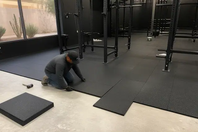 Technician installing heavy-duty rubber floor tiles in a Phoenix, AZ gym with squat racks.