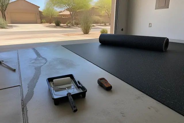 Worker installing recycled rubber flooring over prepared concrete in a residential garage in Phoenix, AZ.