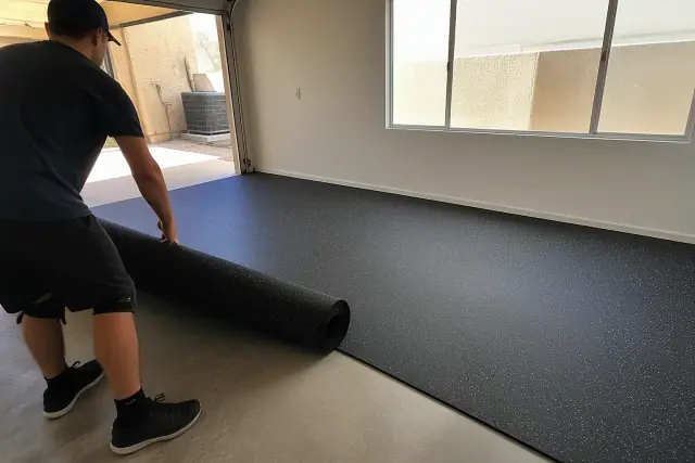 A contractor installing recycled rubber flooring in a sunny garage in Phoenix, AZ.
