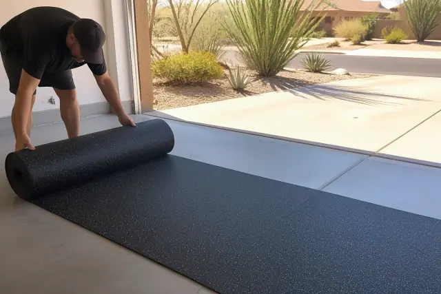 Worker installing rubber pavers on a garage floor in Phoenix, AZ with a desert view through the door.