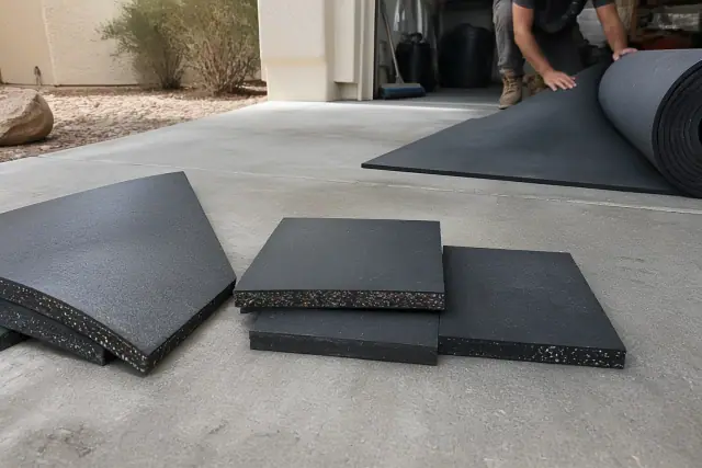 A worker unrolls recycled rubber sheets on a concrete garage floor in Phoenix, AZ.