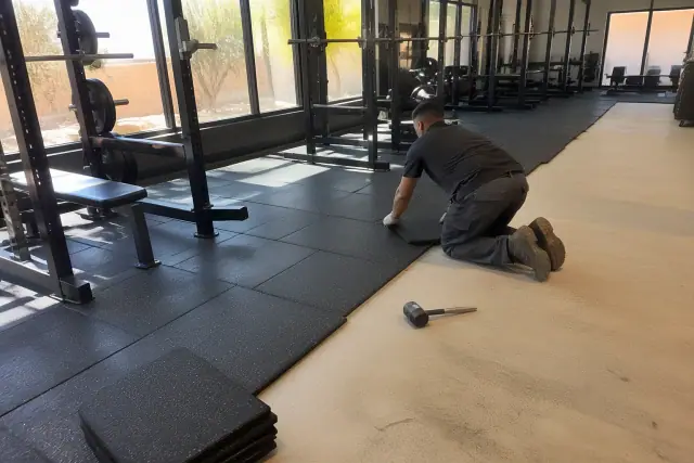 Technician installing rubber flooring tiles in a Phoenix, AZ gym with concrete floors and sunlight through windows.