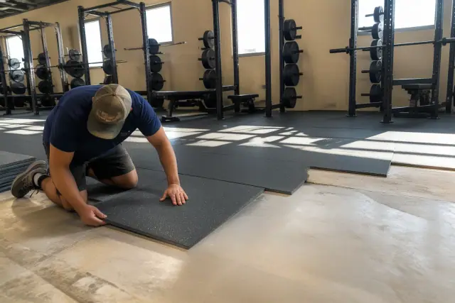 Technician installing heavy-duty rubber floor tiles in a Phoenix, AZ gym with squat racks.
