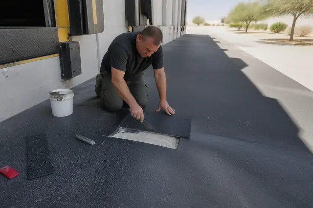 Contractor repairing damaged industrial rubber flooring near a loading dock in Phoenix, AZ.
