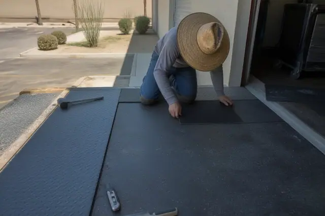 Contractor repairing industrial rubber flooring near a loading dock in Phoenix, AZ.