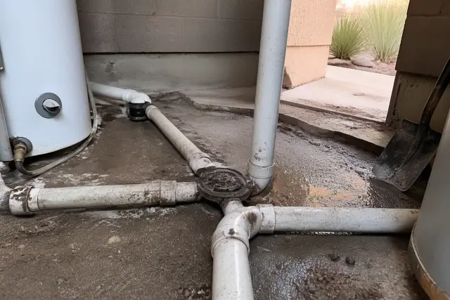 PVC drainage pipes and floor drain assembly in a Phoenix, AZ utility room basement.