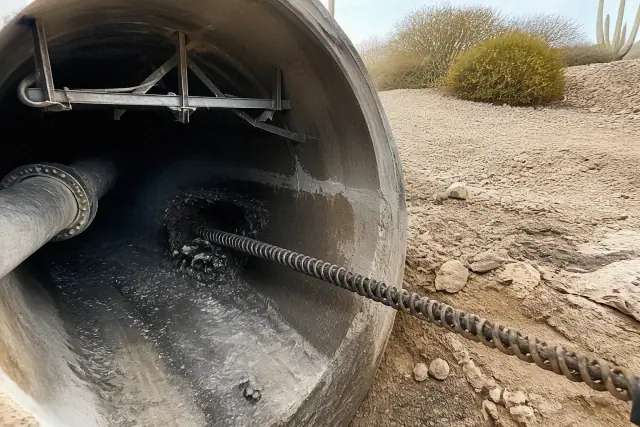 Auger cable clearing a main-line pipe clog in a concrete tunnel in Phoenix, AZ.