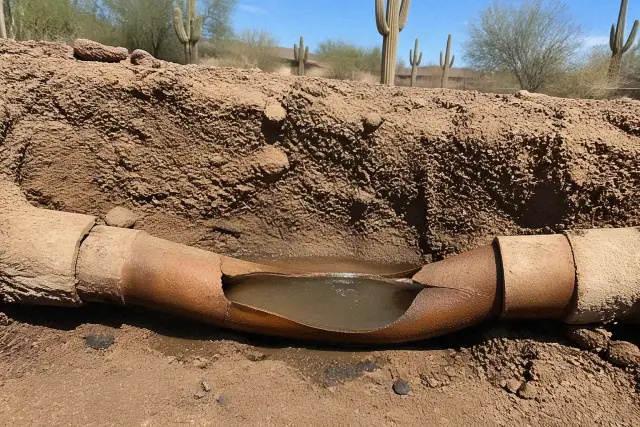 Bellied sewer pipe with stagnant wastewater in an excavation trench at a jobsite in Phoenix, AZ.