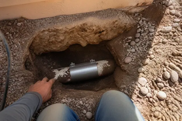 Technician performing a sewer pipe spot repair in a gravel trench at a Phoenix, AZ jobsite.