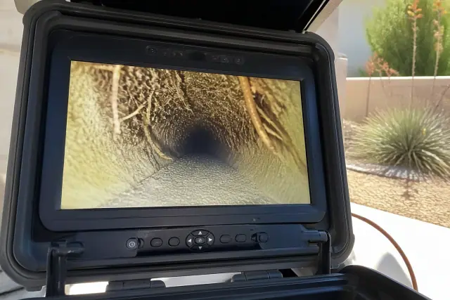 Sewer inspection monitor showing pipe roots and wall conditions outdoors in Phoenix, AZ.