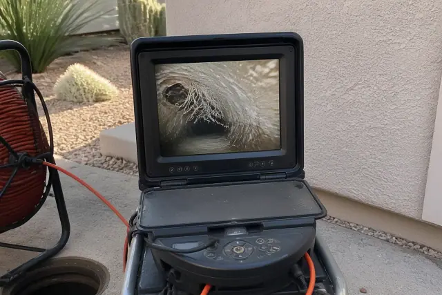 Sewer camera inspection monitor showing pipe damage near a stucco wall in Phoenix, AZ.