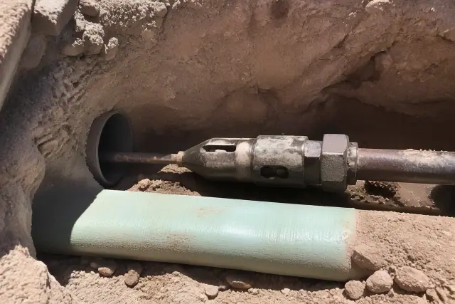CIPP liner staged next to a pipe-bursting head in a trenchless entry pit in Phoenix, AZ.