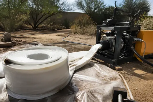Resin-coated liner and hydraulic inversion machine staged for sewer repair at a jobsite in Phoenix, AZ.