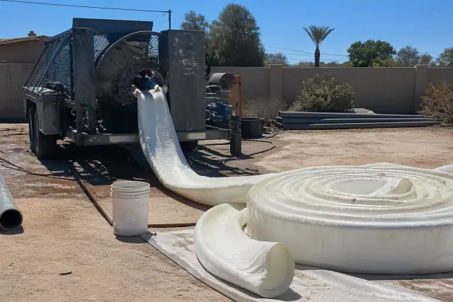 Resin-coated liner and hydraulic inversion machine for CIPP sewer pipe lining at a construction site in Phoenix, AZ.