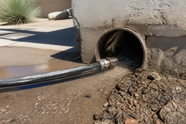 High-pressure hose nozzle clearing debris from an industrial drainage pipe at a worksite in Phoenix, AZ.