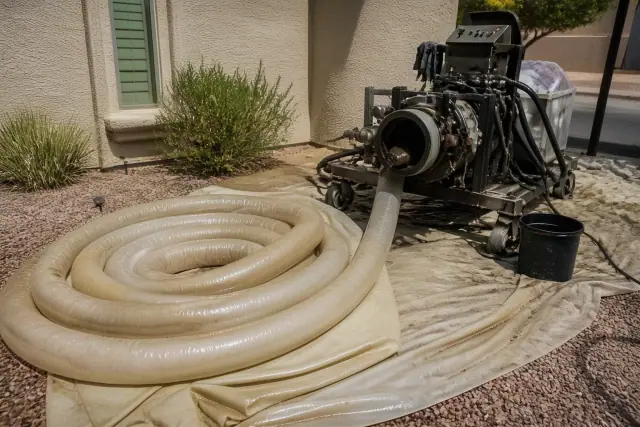 Resin-coated sewer liner coiled next to a hydraulic inversion machine at a jobsite in Phoenix, AZ.