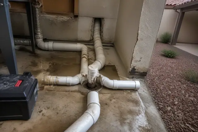 Intersecting PVC drainage pipes leading to a central floor drain in a basement utility room in Phoenix, AZ.