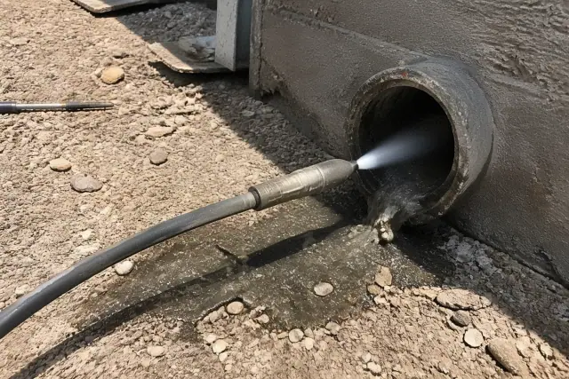 High pressure hose nozzle cleaning a commercial grease trap line in a desert drainage pipe in Phoenix, AZ.