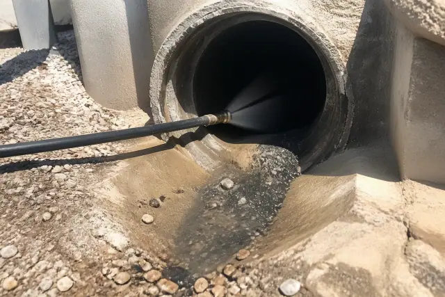 High-pressure hose nozzle clearing debris from an industrial pipe at a job site in Phoenix, AZ.