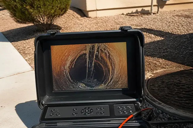 Sewer camera inspection monitor showing pipe damage and tree roots at a worksite in Phoenix, AZ.