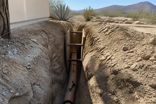 Deep trench excavation showing cracked terra cotta piping during a commercial sewer line repair in Phoenix, AZ.