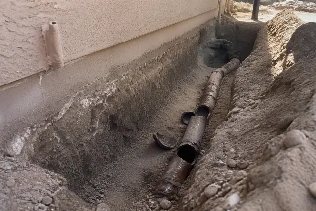 Deep trench excavation exposing cracked terra cotta sewer pipes at a commercial worksite in Phoenix, AZ.