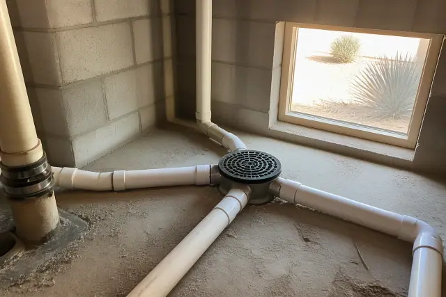 PVC drainage pipes leading to a floor drain in a Phoenix, AZ basement utility room.